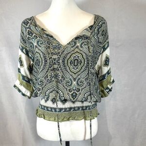 Alexander Vittoria 100% silk sage green boho print smocked top size large